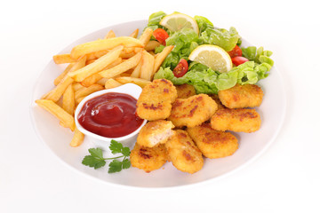 fried chicken with french fries and salad
