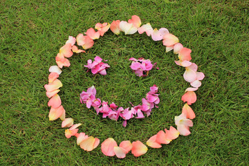 Smiley face emoticon from petals of rose on background of grass. Copy space is left and bottom.