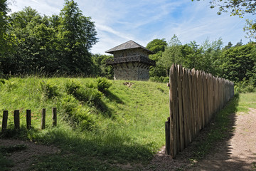 Fototapeta na wymiar Reconstructed roman limes and watchtower near former castle Zugmantel