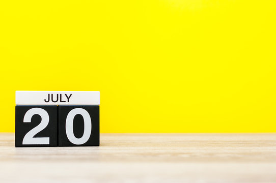 July 20th. Image of july 20, calendar on yellow background. Summer time. With empty space for text