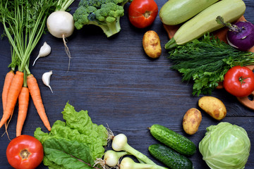 Composition on a dark background of organic vegetarian products: green leafy vegetables, carrots, zucchini, potatoes, onions, garlic, tomatoes. Top view. Flat lay.