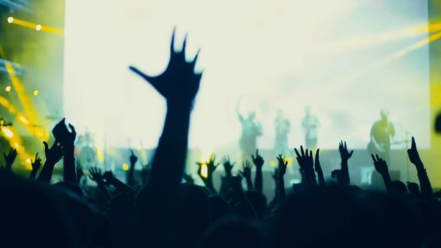 Iconic night rock concert front row crowd cheering hands in air slomo 100p