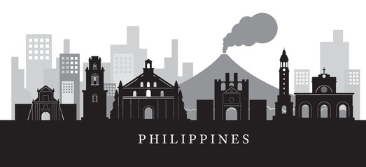 Philippines Landmarks Skyline in Black and White Silhouette