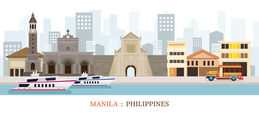 Naklejka premium Manila, Philippines Landmarks Skyline