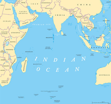 Indian Ocean political map. Countries and borders. World's third largest ocean division, bounded by Africa, Asia, Antarctica and Australia. Named after India.  Illustration. English labeling. Vector.