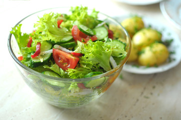 fresh vegetable salad with tomato, cucumber and salad frisee