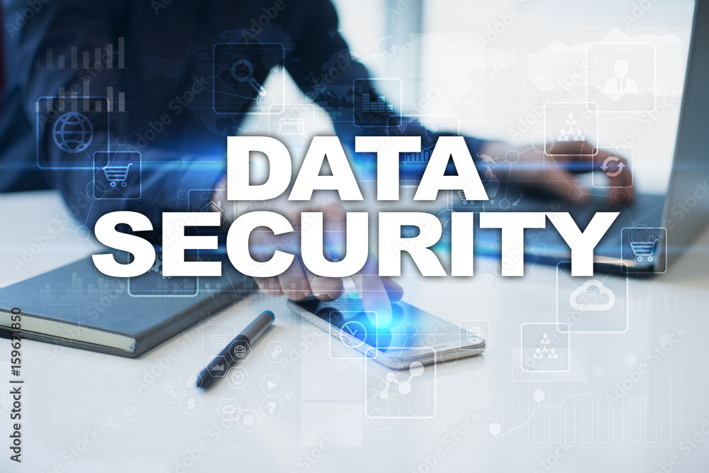 Poster businessman working in office, pressing button on virtual screen and selecting data security.
