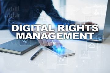 Businessman working in office, pressing button on virtual screen and selecting digital rights...