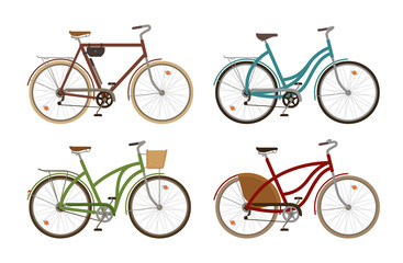 Classic bike, set icons. Retro bicycle, cycle, transport. Cartoon vector illustration