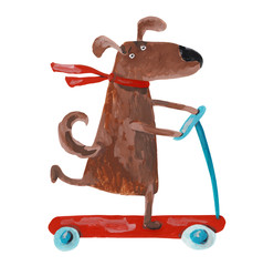 Dog on scooter. Watercolor illustration. Hand drawing - 159625218