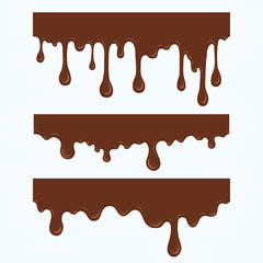 Set of cartoon brown liquid drops and blots. Collection of splashes liquid and blobs. Melted chocolate drips and flowing. Abstract shapes isolated on white background. Vector illustration.