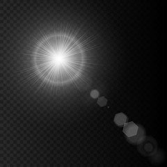 Summer sun lens flare with realistic light, lens flare lights and lens flare glow on black background, star lens flares. Vector illustration eps10