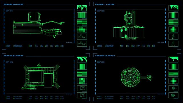 Looping four-panel wireframe display of modular elements with related readouts and indicators.
