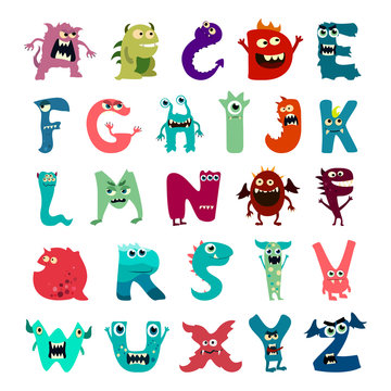Cartoon flat monsters alphabet big set icons. Colorful monster kids toy cute monsters tongue. Vector