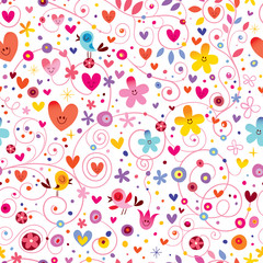 cute hearts birds flowers floral nature seamless pattern