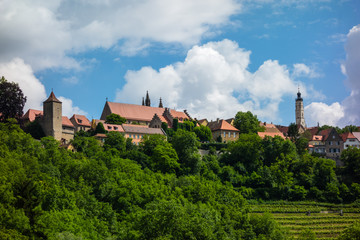 Fototapeta na wymiar Rothenburg ob der Tauber Panorama bei blauen Himmel und wolken