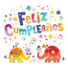 Feliz Cumpleanos Happy Birthday in Spanish greeting card with cute elephants