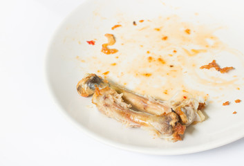 close up of chicken  bone on the white dish with with waste food  isolate background , waste food , chicken bone isolated white , copy space , spoon