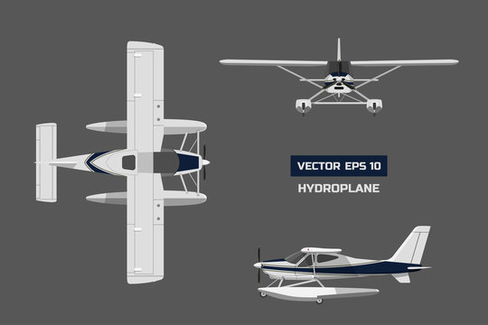 Plane in a flat style on a gray background. Cargo aircraft. Industrial drawing of hydroplane. Top, front and side view