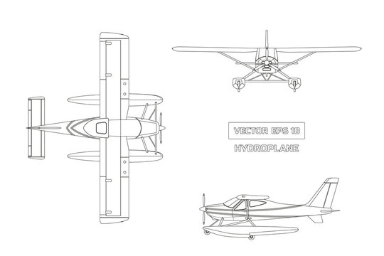 Outline drawing of plane in a flat style on a gray background. Cargo aircraft. Industrial drawing of hydroplane. Top, front and side view