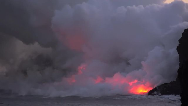 Lava flows into the ocean. Kilauea Volcano, Hawaii Big Island, USA.