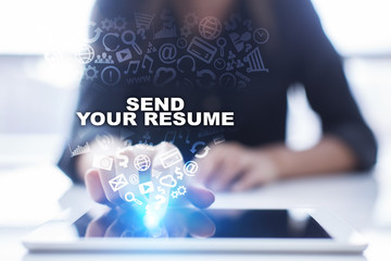 Woman is using tablet pc, pressing on virtual screen and selecting send your resume.