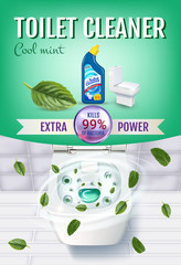 Cool mint fragrance toilet cleaner gel ads. Vector realistic Illustration with top view of toilet bowl and disinfectant container. Vertical poster.