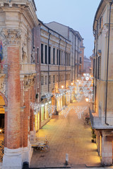 Vicenza, Italy, Night scene with Christmas lights with a very lo