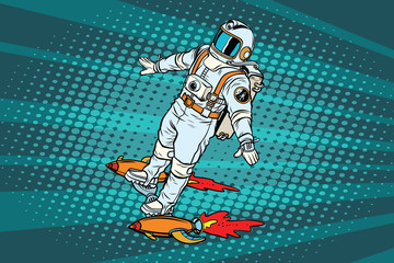 The astronaut is flying on a space rocket skateboard © studiostoks