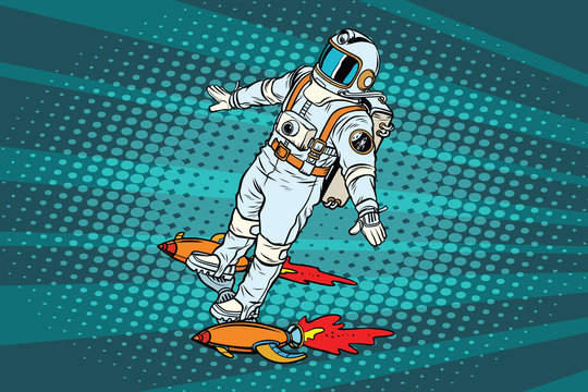 The astronaut is flying on a space rocket skateboard