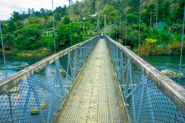 People using the bridge over a Waikato river, Arapuni, New Zealand