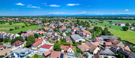 Aerial panorama of Eschau, a village near Strasbourg - Grand Est, France