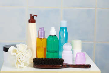 Toiletries in bathroom on shelf