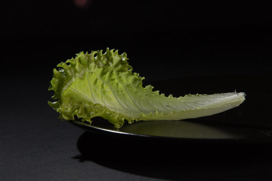 Fresh lettuce on a black plate