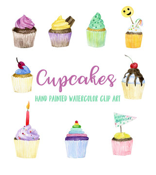 Cupcakes watercolor illustration.  hand painted clip art, food collection, sweets, holiday, Birthday party, Bridal shower, Wedding