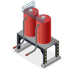 Gasoline cistern, isometric building info graphic. Diesel, fuel supply resources. Gas tank on pillars. Water reservoir. Industrial chemistry pictogram, red details. Flatten isolated master vector icon