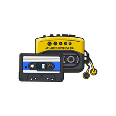 Black and yellow audio player, walkman and audiotape from 90s, sketch vector illustration isolated on white background. Front view of audio player, walkman with audio cassette and ear buds, earphones