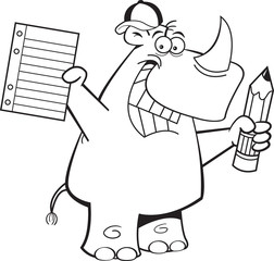 Black and white illustration of a rhino holding a paper and a pencil.