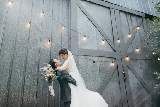 Young Marriage Couple In Rustic Style At Summer