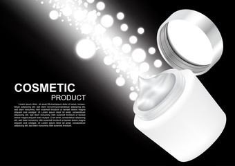 Opened cream with lights bubbles and beam on black background vector cosmetic ads