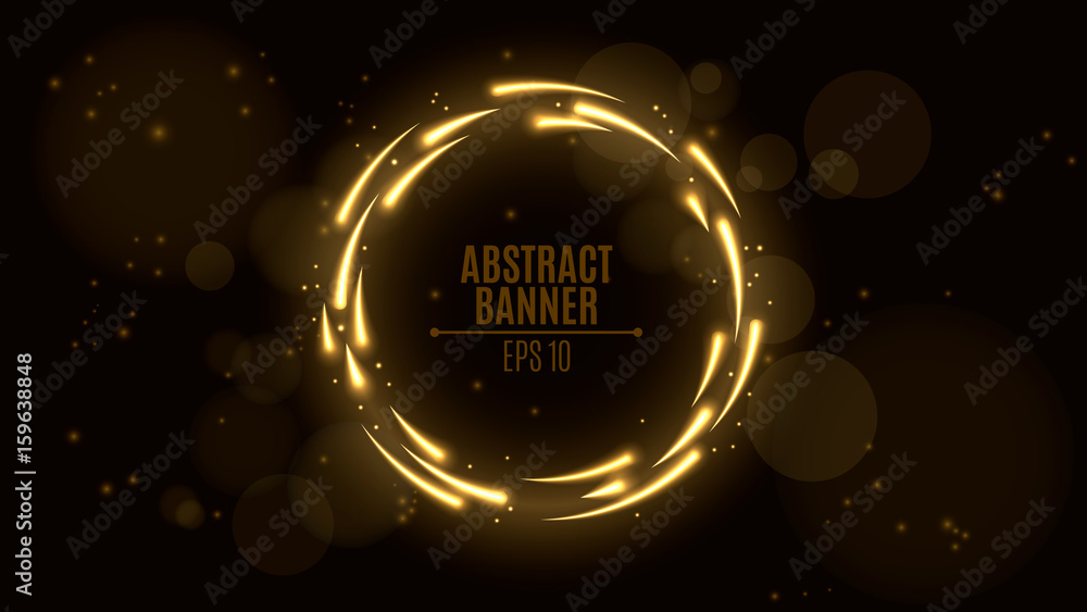 Poster luminous neon banner of golden color. shining lights in motion with small particles. glare bokeh. fl