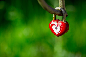 Metal lock in the shape of a heart on a fence on a green background