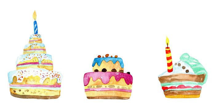 Birthday cake hand painted watercolor illustration, bakery, baked, sweets, party, holiday, celebration, set, clip art, clipart