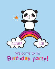 Invitation to the children's Birthday party. Hand drawn panda with rainbow for your design. Doodles, sketch. Vector illustration.