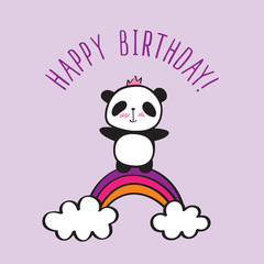 Happy Birthday card. Hand drawn panda with rainbow for your design. Doodles, sketch. Vector illustration.