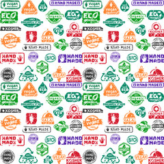 Obraz premium Vector eco nature handmade vintage stamps for quality premium guarantee shop tag design seamless pattern background