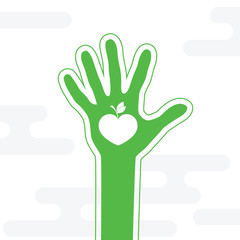 Ecology conception from raised hand with heart in center. Hand-voting in the crowd. Vector illustration