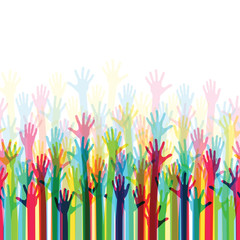 Raised colorful hands at a party. Waving hands in the fun event. Hand-voting in the crowd. Vector illustration