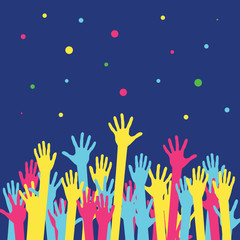 Raised colorful hands at a party. Waving hands in the fun event. Hand-voting in the crowd. Vector illustration