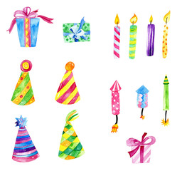Birthday hand  painted watercolor illustration, Birthday set, clip art, clipart, party, celebration, fun, present, candle, hat, firework, colorful, bright